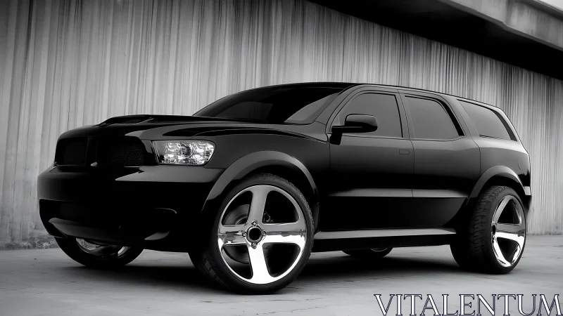 Blacked-out custom SUV stands parked by industrial concrete wall