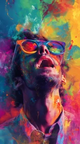 Chromatic daydream erupts around man in neon-splashed shades.
