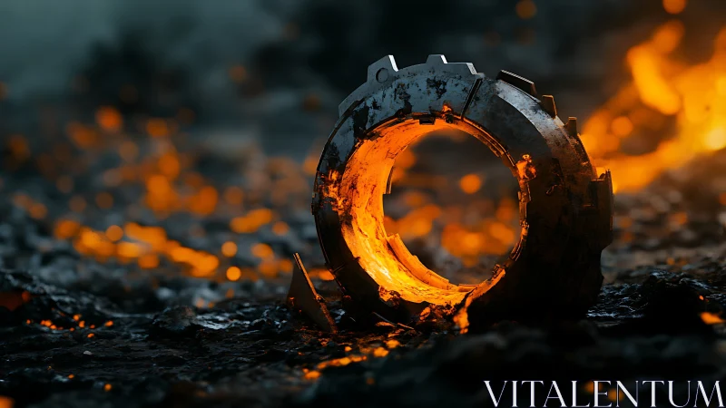 Mechanical ring in molten lava with glowing interior.