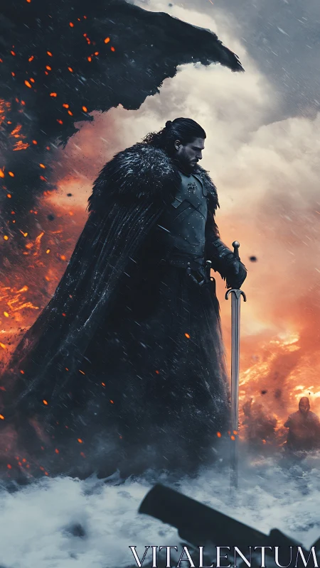 Armored warrior faces dragon amid falling embers and snow.