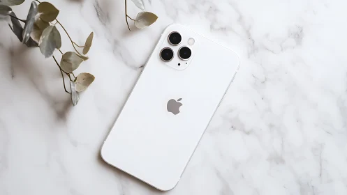White iPhone 11 Pro on marble surface with dried botanicals