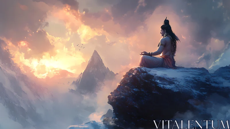 Meditative deity on icy summit under volumetric sunrise clouds