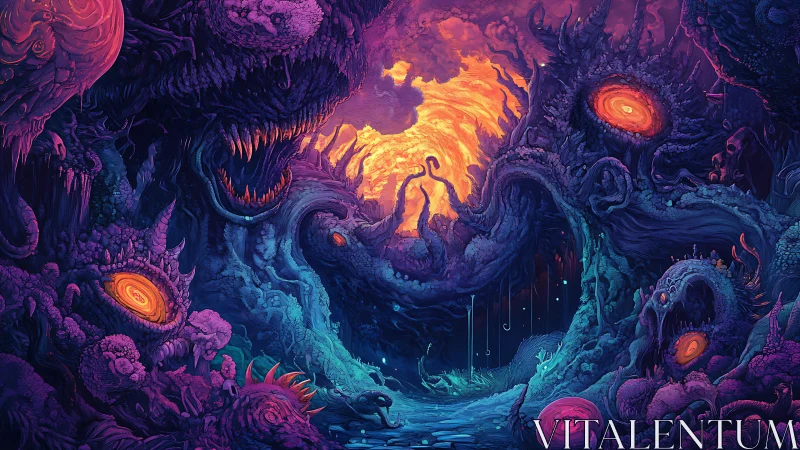 Surreal cavern of monstrous forms and molten sky portal.