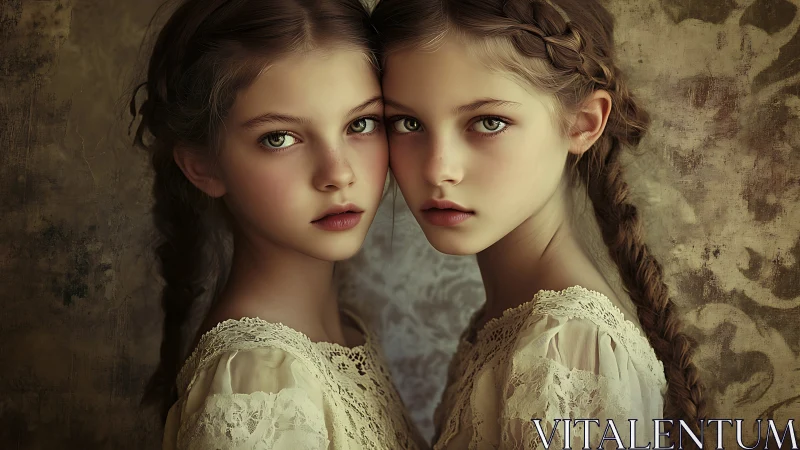 Twin girls in lace dresses against muted patterned backdrop.