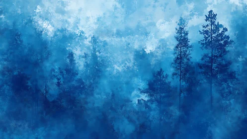 Misty Blue Forest with Tall Pines