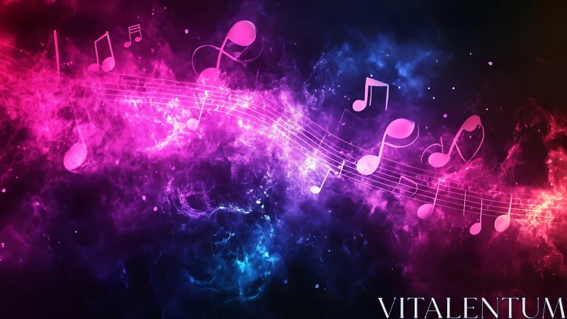 Digital painting of neon music notes in cosmic motion flow.
