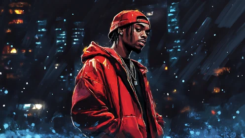 Urban youth in red jacket stands under night city lights