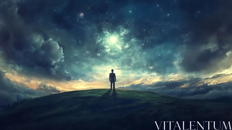 Digital painting of lone figure under luminous cosmic sky.