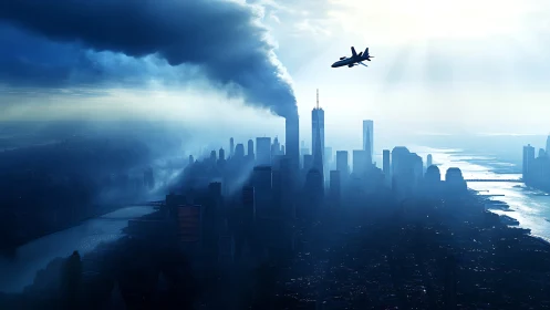 Smoke-veiled skyline under a lone banking jet&rsquo;s cold gaze.