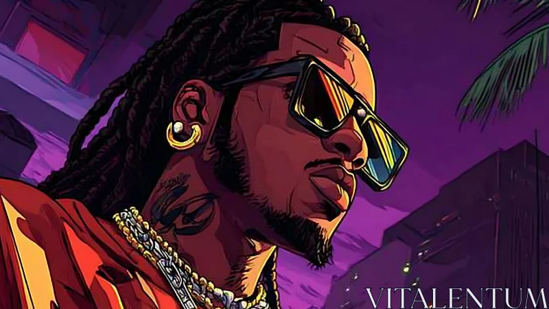 Neon-lit urban portrait of man in vector-style shading and gloss