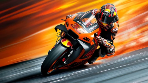 Blazing orange superbike carving through a sunlit racetrack.