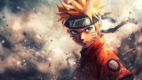 Anime ninja boy stares forward amid swirling debris clouds