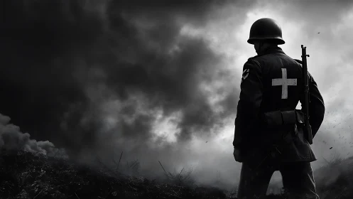 Soldier silhouette in monochrome battlefield smoke study.