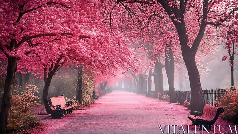 Cherry blossom avenue glows in soft pink spring haze