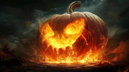 Infernal jack-o’-lantern in cinematic digital painting style.