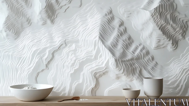 Layered wall relief with white ceramic tableware arrangement.