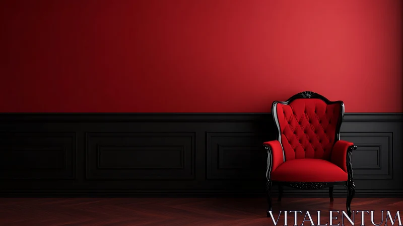 Red upholstered armchair in black wainscoted interior wall.