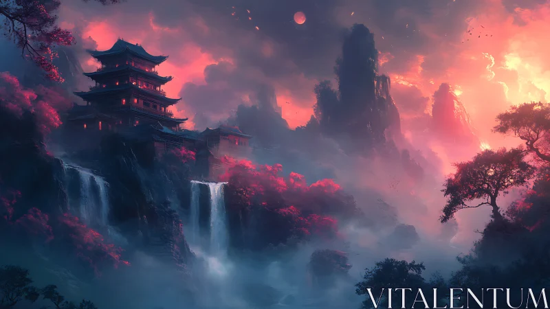 Luminous mountain pagoda amid volumetric mist and waterfalls.