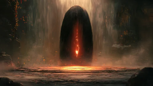Molten monolith portal glowing in misty cavern depth.