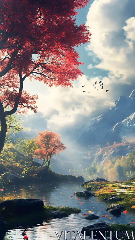 Crimson trees and quiet river beneath misty autumn peaks.