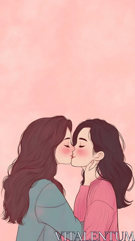 Two women kiss on soft pink background in illustration