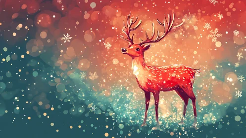 Luminous winter stag amid bokeh snow and aurora glow.