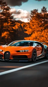 Orange hypercar driving on forest road in bright daylight.