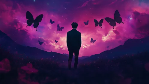 Silhouette facing glowing sky with surreal violet butterflies.
