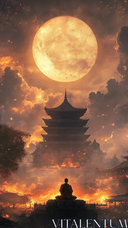 Monk beneath a colossal ember moon over burning pagoda.