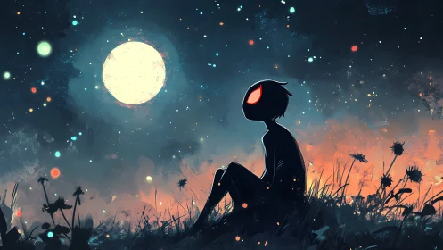 Moonlit dreamer with ember eyes under a wildfire sky.