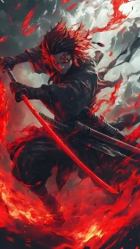 Masked swordsman advances through red energy flames