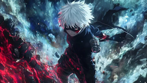 White-haired masked warrior descends through erupting chaos.