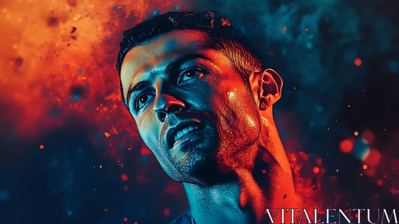 Starlit athlete gazes through split fire and nebula glow.