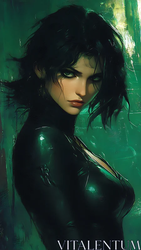 Dark-haired woman in glossy suit against green backdrop.