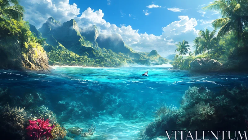 Tropical Paradise: Crystalline Lagoon With Dramatic Volcanic Peaks and Submerged Coral Formations