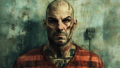 Scarred prisoner stares forward under harsh flat lighting