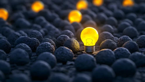 Glowing Yellow Lightbulb Among Dark Spheres, Conceptual Art.