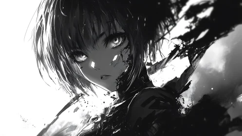 Monochrome cybernetic portrait dissolving into digital ink.