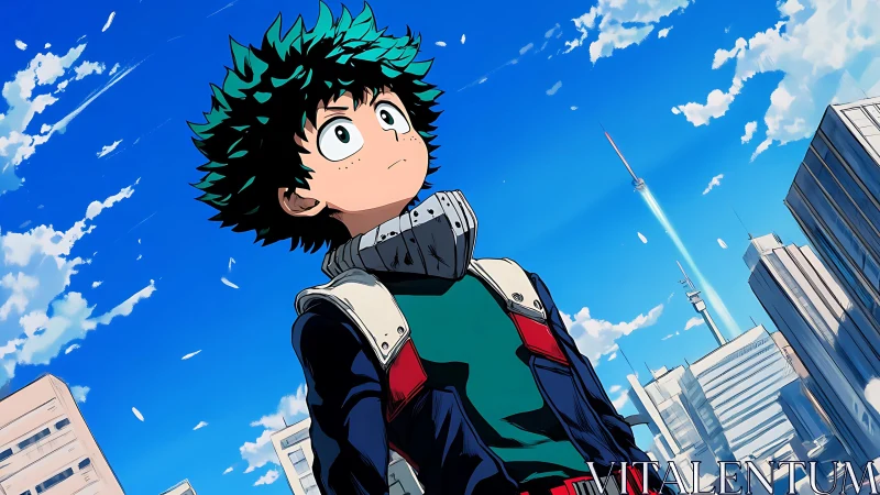 Green haired anime hero stands under bright urban sky.