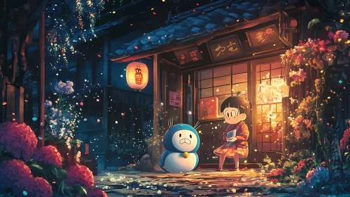 Child and penguin figure outside lantern-lit storefront.