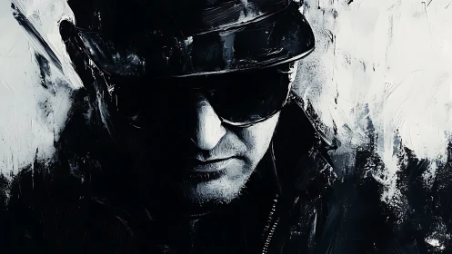 Shadowed man in sunglasses emerges from stark monochrome chaos.