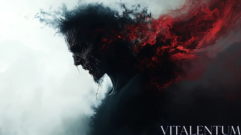 Digital painting of spectral silhouette with erupting crimson haze.