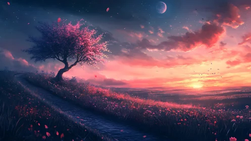 Lone cherry tree on cobblestone path under vivid binary sky