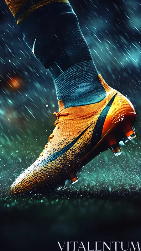 Dynamic orange football boot under cinematic rain lighting.