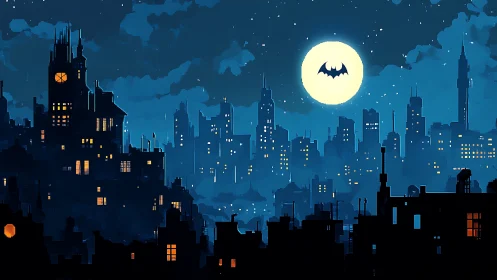 Noir city skyline under moonlit bat signal silhouette.