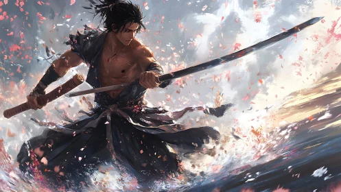 Fierce samurai warrior poised in swirling petals and light.