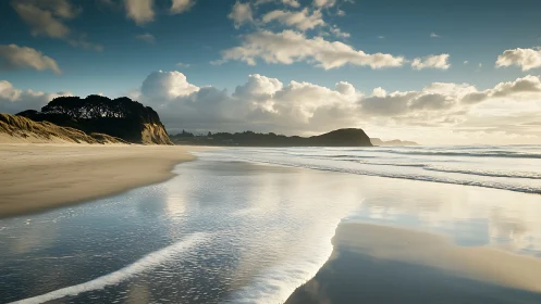 Calm empty beach with wet reflective sand at sunrise