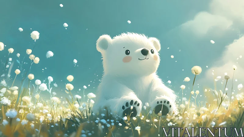 Playful baby polar bear sits in a dreamy meadow of light