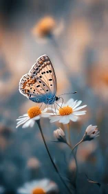Delicate butterfly rests on soft daisies in dreamy twilight tones