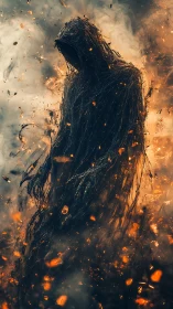 Hooded ember wraith rises from swirling smoke and ash